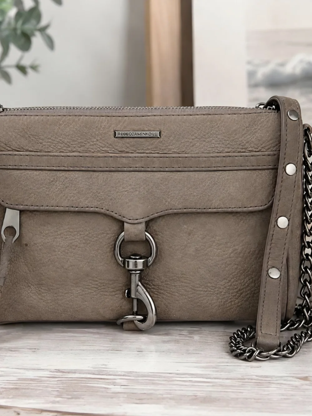 Rebecca Minkoff Mini MAC Crossbody Bag Putty Suede Gunmetal Hardware